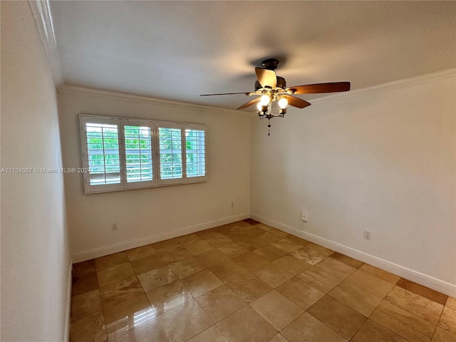 unfurnished room with ceiling fan and crown molding