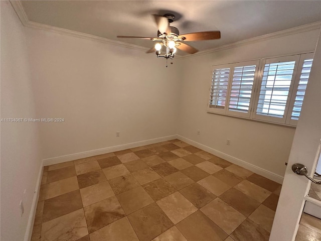 unfurnished room with ceiling fan and crown molding