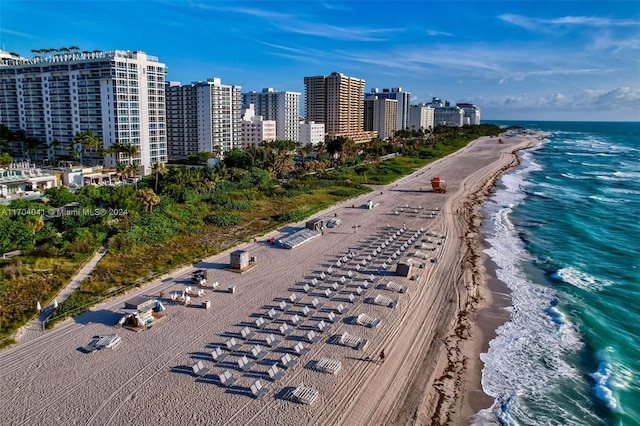 aerial view featuring a water view and a view of the beach