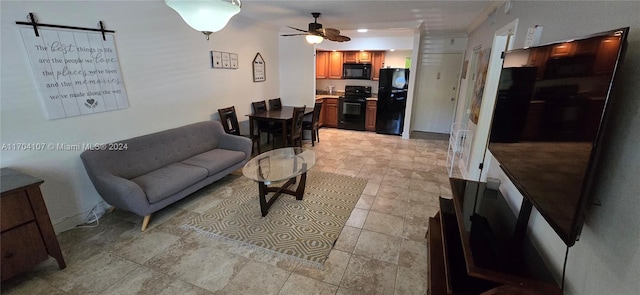 living room with ceiling fan