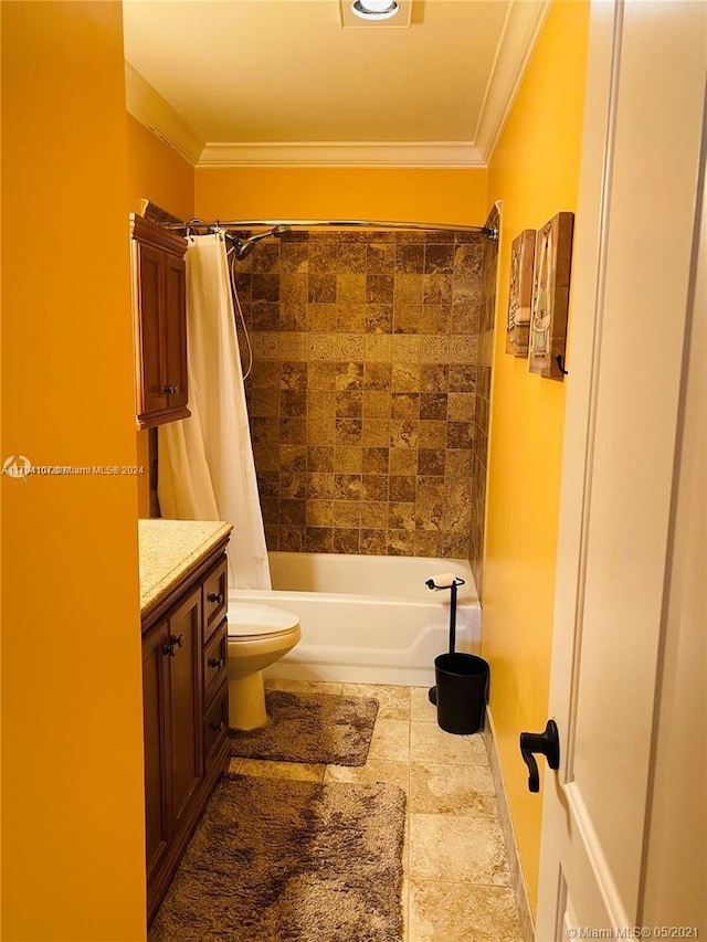 full bathroom featuring crown molding, vanity, shower / bath combination with curtain, and toilet