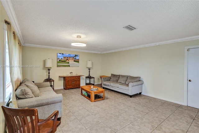 living room with a wealth of natural light, crown molding, light tile patterned floors, and a textured ceiling