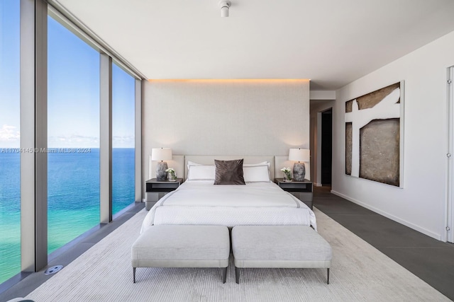 bedroom featuring a water view, a wall of windows, and multiple windows