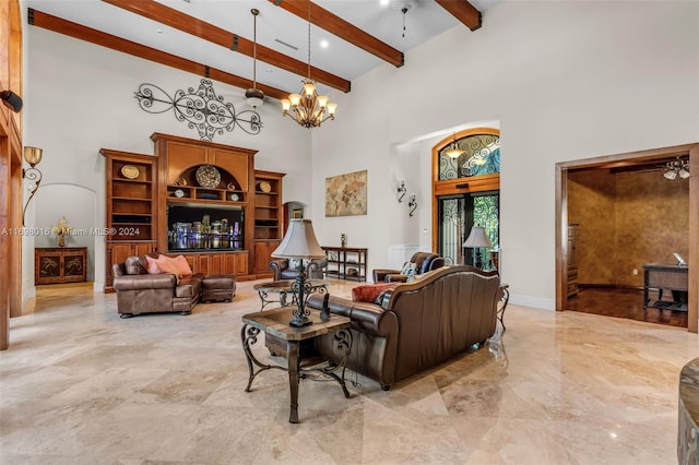 living room with beam ceiling, a towering ceiling, and ceiling fan with notable chandelier