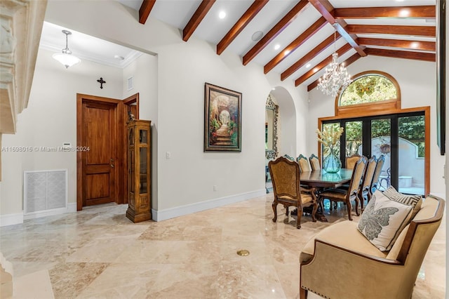 dining space featuring french doors, crown molding, beam ceiling, high vaulted ceiling, and a notable chandelier