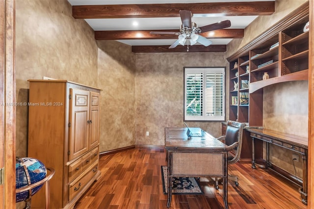 home office with beamed ceiling, ceiling fan, and dark wood-type flooring