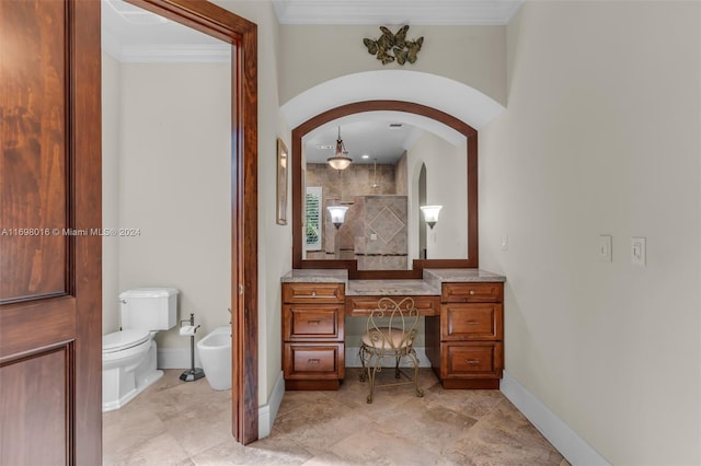 bathroom featuring crown molding, tile patterned flooring, a bidet, and toilet