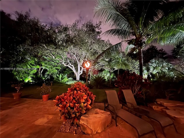 view of patio terrace at dusk