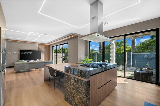 kitchen featuring a center island, island exhaust hood, appliances with stainless steel finishes, and light hardwood / wood-style flooring