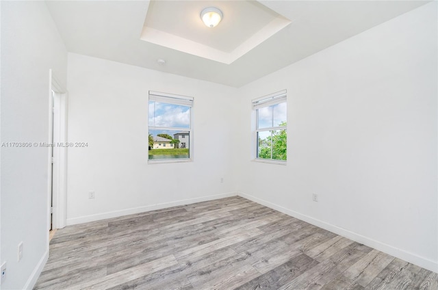 unfurnished room with light hardwood / wood-style floors and a tray ceiling