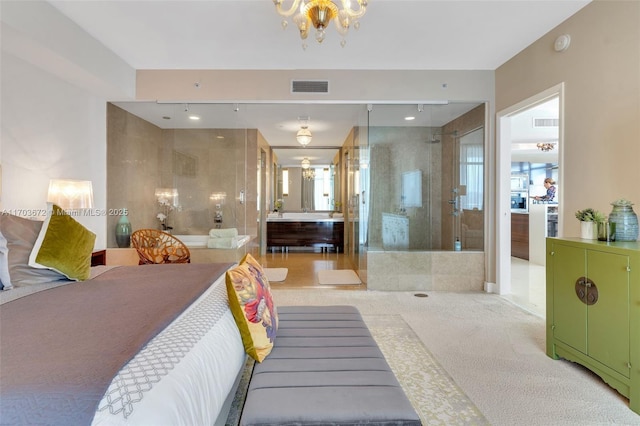 bedroom featuring visible vents and a notable chandelier