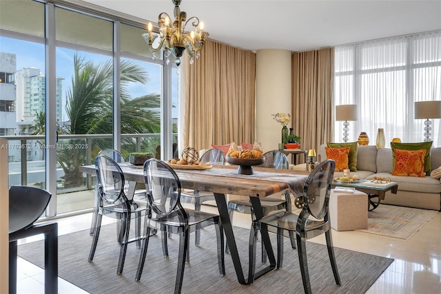 tiled dining area with a wall of windows and a notable chandelier