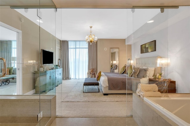 bedroom with a chandelier and tile patterned flooring