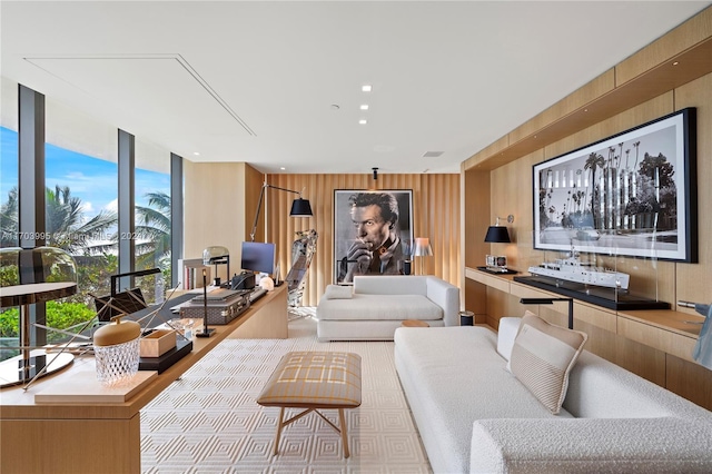 living room featuring wooden walls