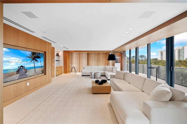 living room with wood walls