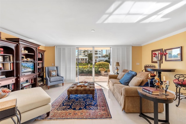 tiled living room with crown molding