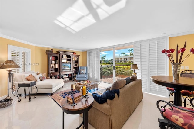 living room with ornamental molding