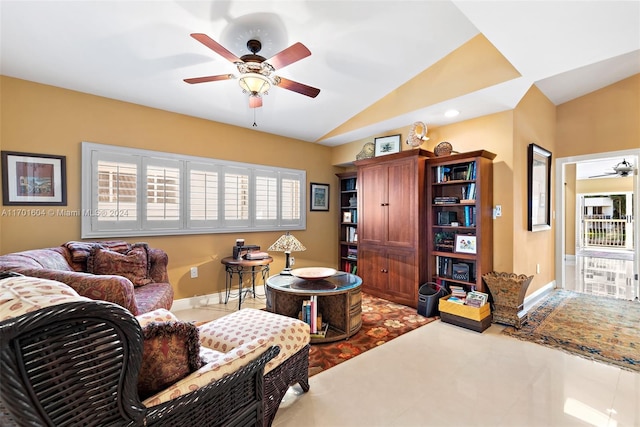 living room with vaulted ceiling and ceiling fan