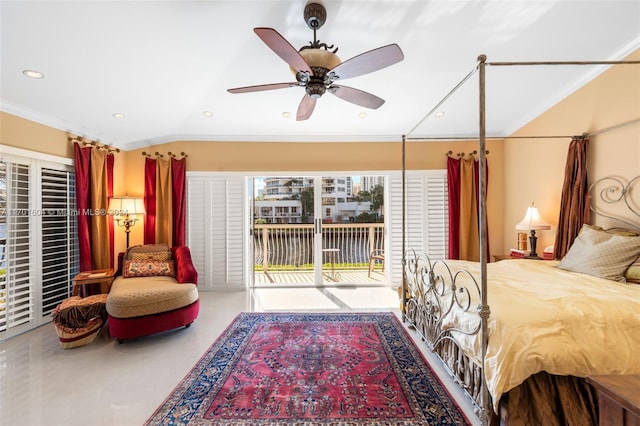 bedroom with access to outside, ceiling fan, and crown molding