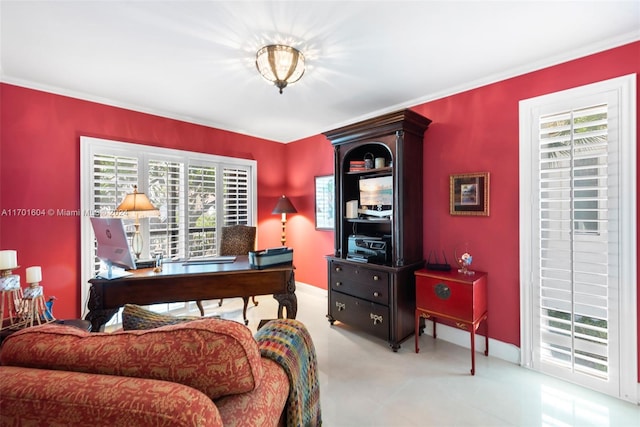 home office with ornamental molding