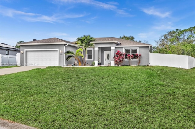 ranch-style home featuring a front yard and a garage