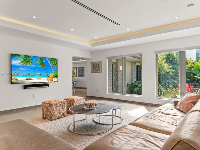 living room with a tray ceiling