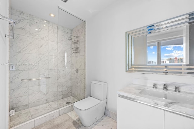 bathroom featuring vanity, marble finish floor, toilet, recessed lighting, and a stall shower