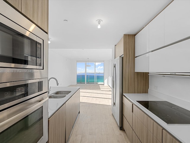 kitchen featuring stainless steel appliances, white cabinetry, light hardwood / wood-style floors, and sink