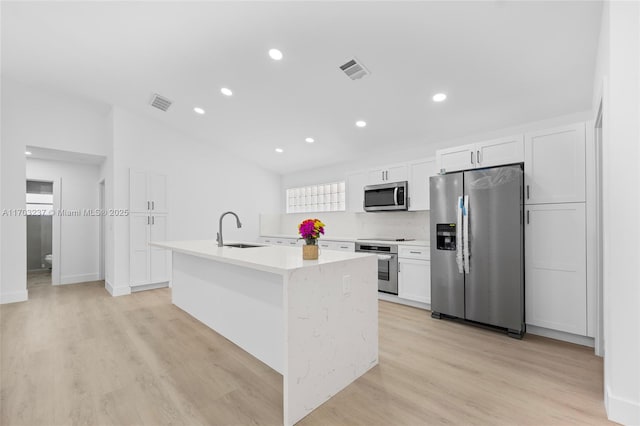 kitchen with stainless steel appliances, a kitchen island with sink, white cabinets, and sink