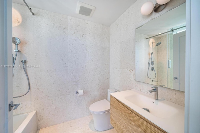 full bathroom featuring tile patterned flooring, toilet, vanity, and shower with separate bathtub