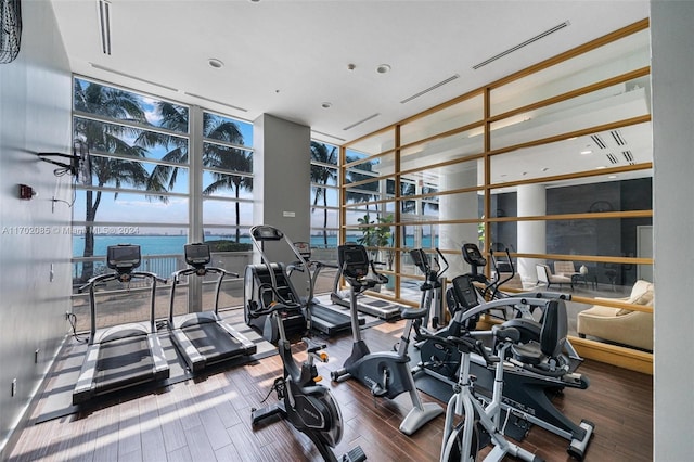 exercise room featuring a wall of windows, a water view, and hardwood / wood-style flooring