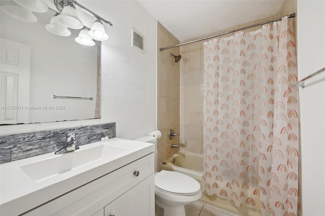 full bathroom with vanity, shower / bath combination with curtain, tile patterned flooring, toilet, and a textured ceiling