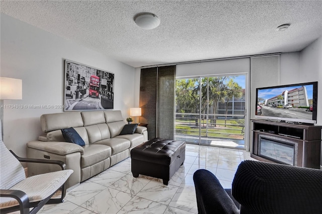 living room featuring a textured ceiling