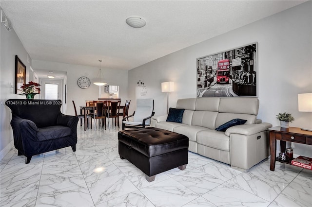 living room featuring a textured ceiling