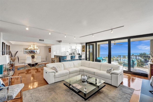 living room featuring ceiling fan with notable chandelier, light wood-type flooring, and rail lighting