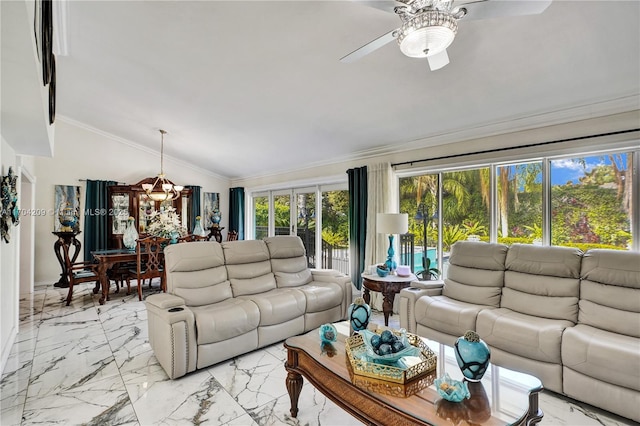 living room with ceiling fan, vaulted ceiling, and crown molding