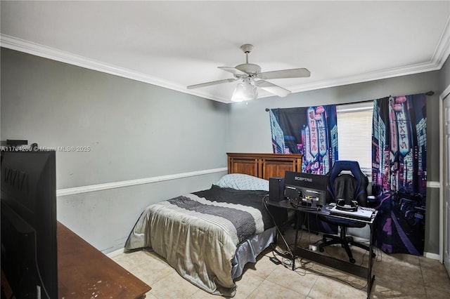 tiled bedroom featuring ceiling fan and crown molding