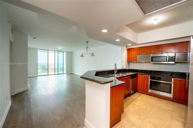 kitchen with sink, kitchen peninsula, light hardwood / wood-style floors, a wall of windows, and stainless steel appliances