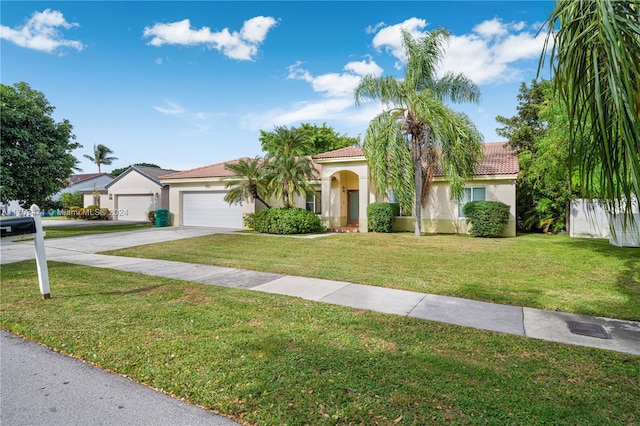 view of front of house featuring a garage and a front lawn