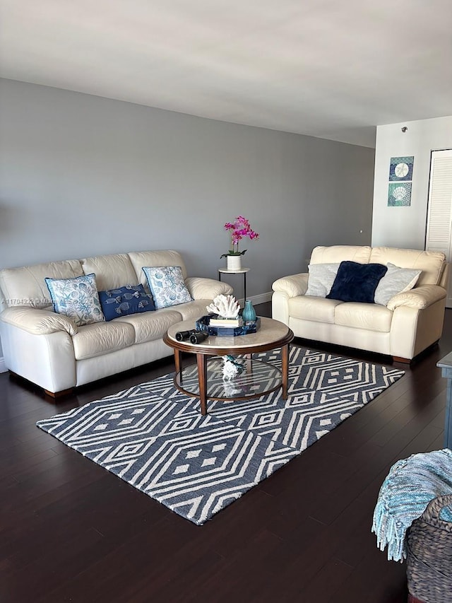 living room with dark hardwood / wood-style flooring