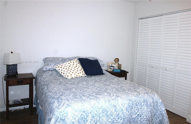 bedroom featuring dark wood-type flooring and a closet