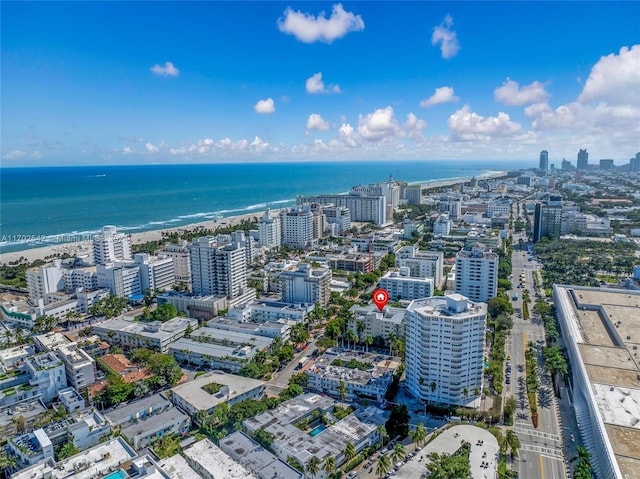 drone / aerial view with a beach view and a water view