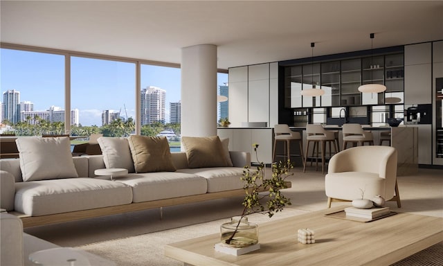 carpeted living room featuring expansive windows