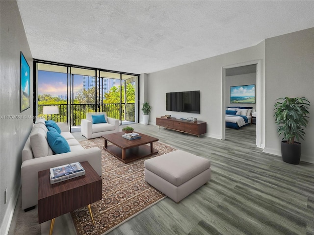 living room featuring a wall of windows, wood-type flooring, and a textured ceiling