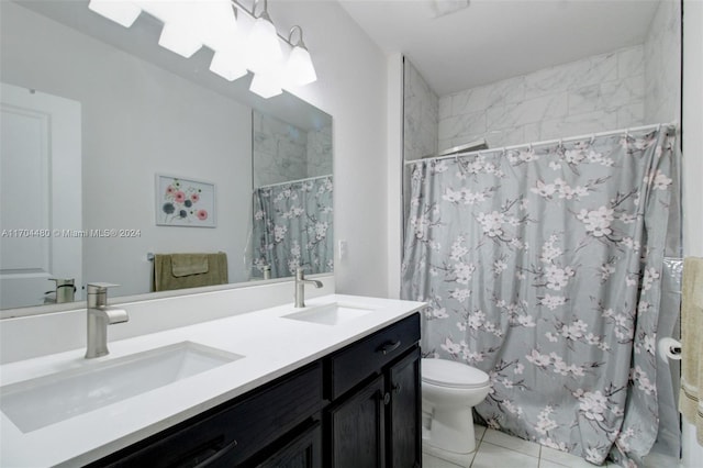 bathroom featuring tile patterned flooring, vanity, toilet, and a shower with shower curtain