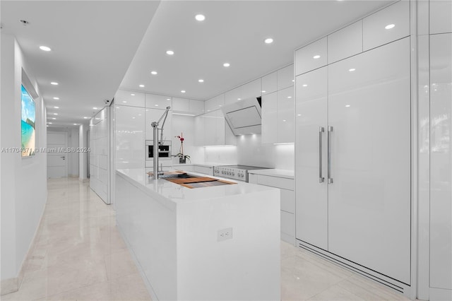 kitchen featuring white cabinetry, a kitchen island, electric range, and custom exhaust hood