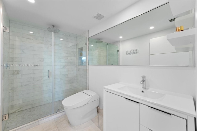 bathroom with walk in shower, tile patterned floors, vanity, and toilet