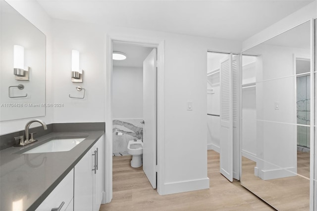 bathroom featuring vanity, wood-type flooring, and a bidet