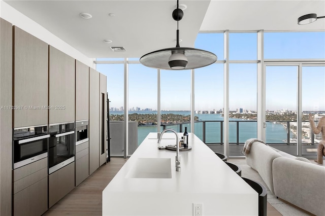 kitchen featuring a water view, oven, decorative light fixtures, and a wall of windows