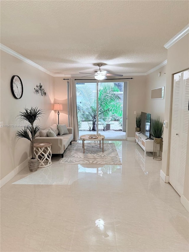 living room with a textured ceiling, ceiling fan, and crown molding